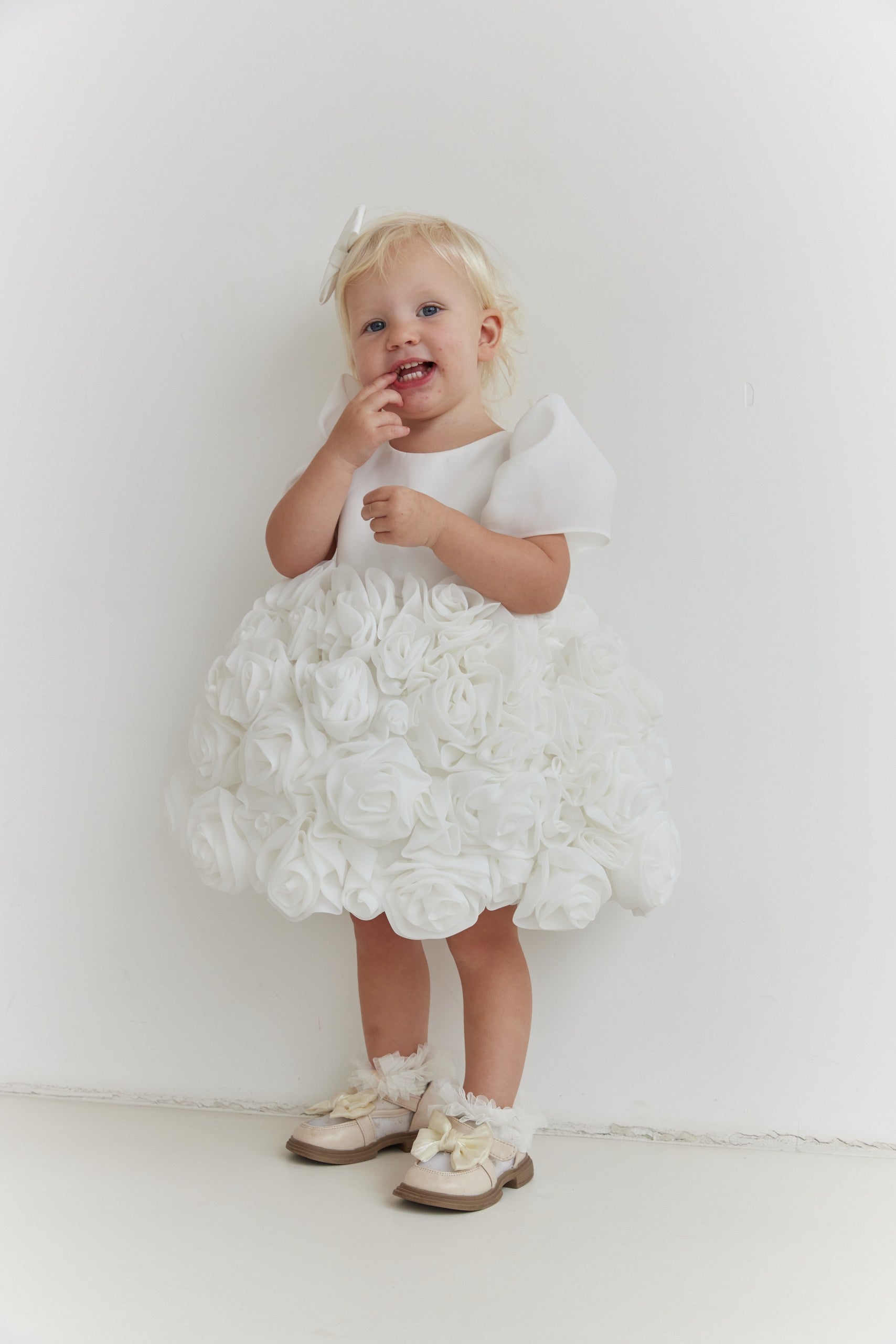 Couture Flower Girl Dress with Satin & Organza Roses / Cotton Lined Special Occasion Baby Outfit