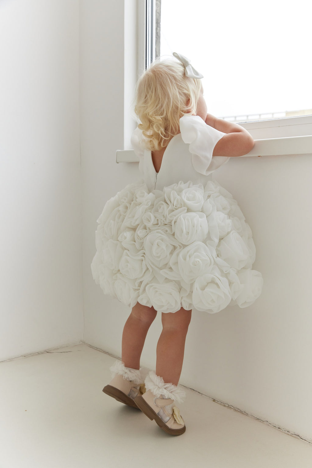 Couture Flower Girl Dress with Satin & Organza Roses / Cotton Lined Special Occasion Baby Outfit