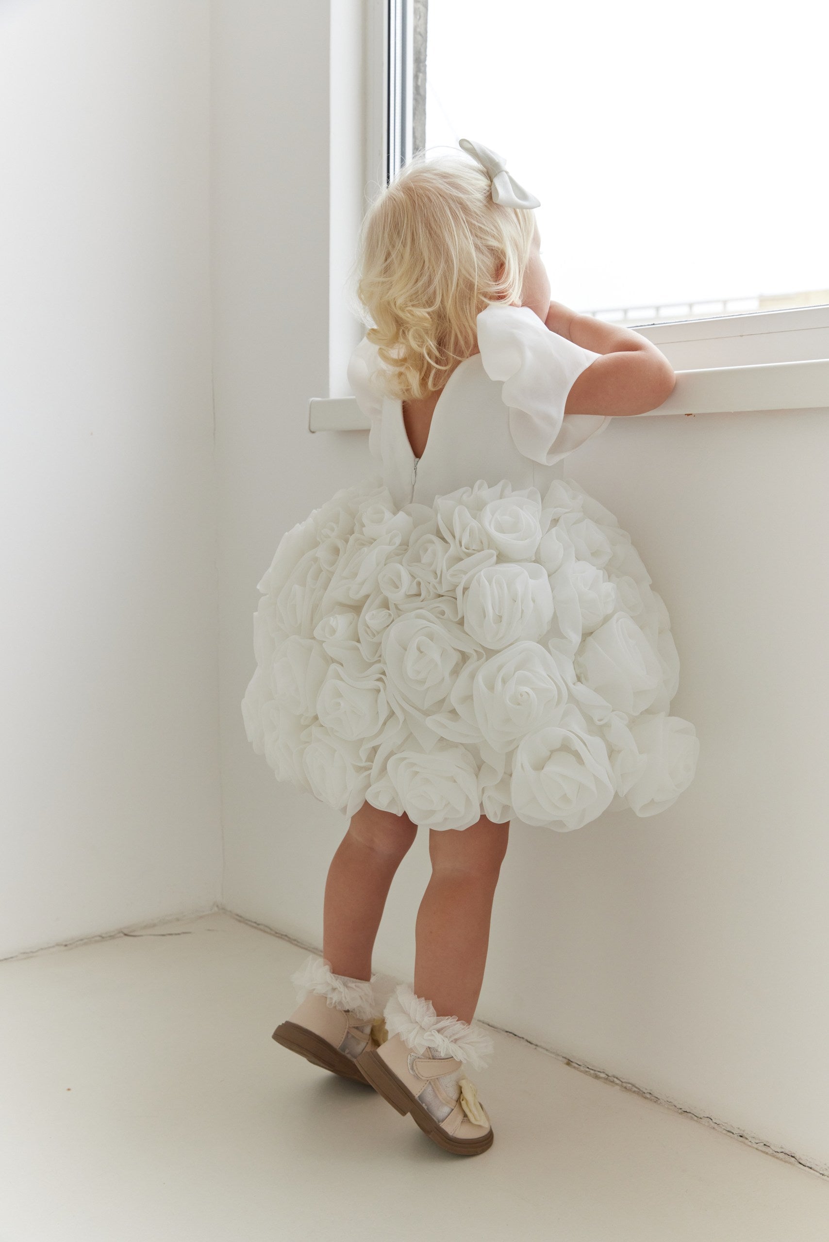 Couture Flower Girl Dress with Satin & Organza Roses / Cotton Lined Special Occasion Baby Outfit