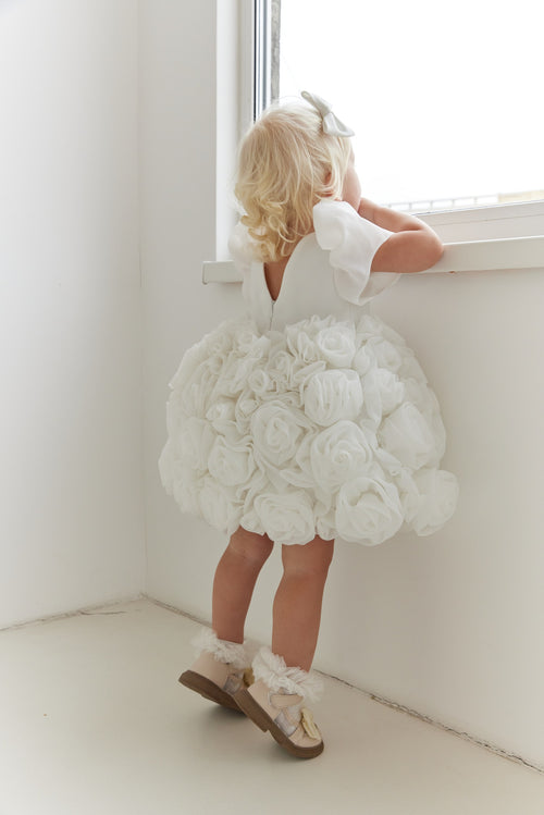 Couture Flower Girl Dress with Satin & Organza Roses / Cotton Lined Special Occasion Baby Outfit