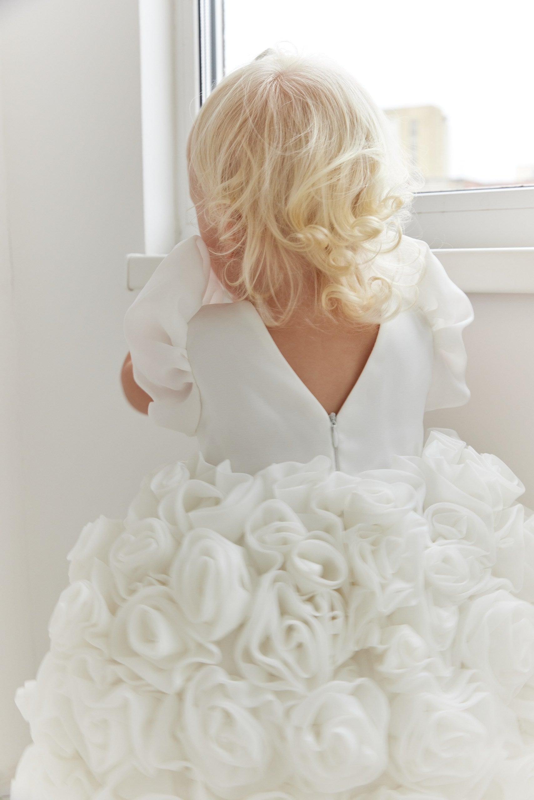 Couture Flower Girl Dress with Satin & Organza Roses / Cotton Lined Special Occasion Baby Outfit