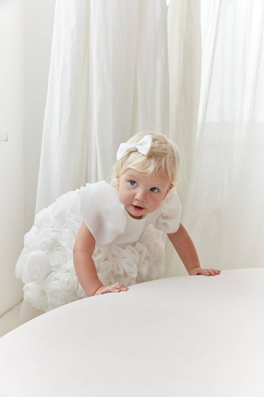 Couture Flower Girl Dress with Satin & Organza Roses / Cotton Lined Special Occasion Baby Outfit
