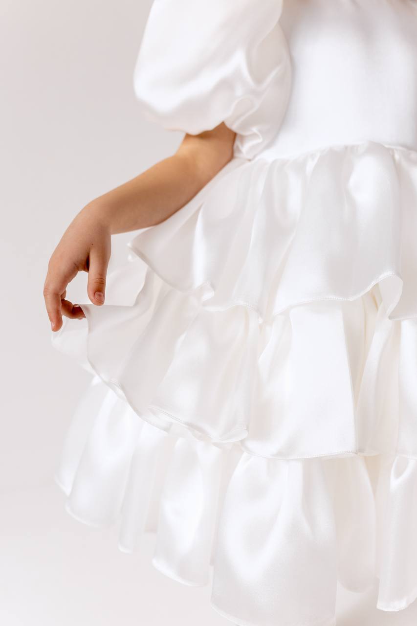 Organza Flower Girl Satin Dress with Bow Back – Elegant High Neck Girls Wedding Dress, Baby Girl Formal Dress