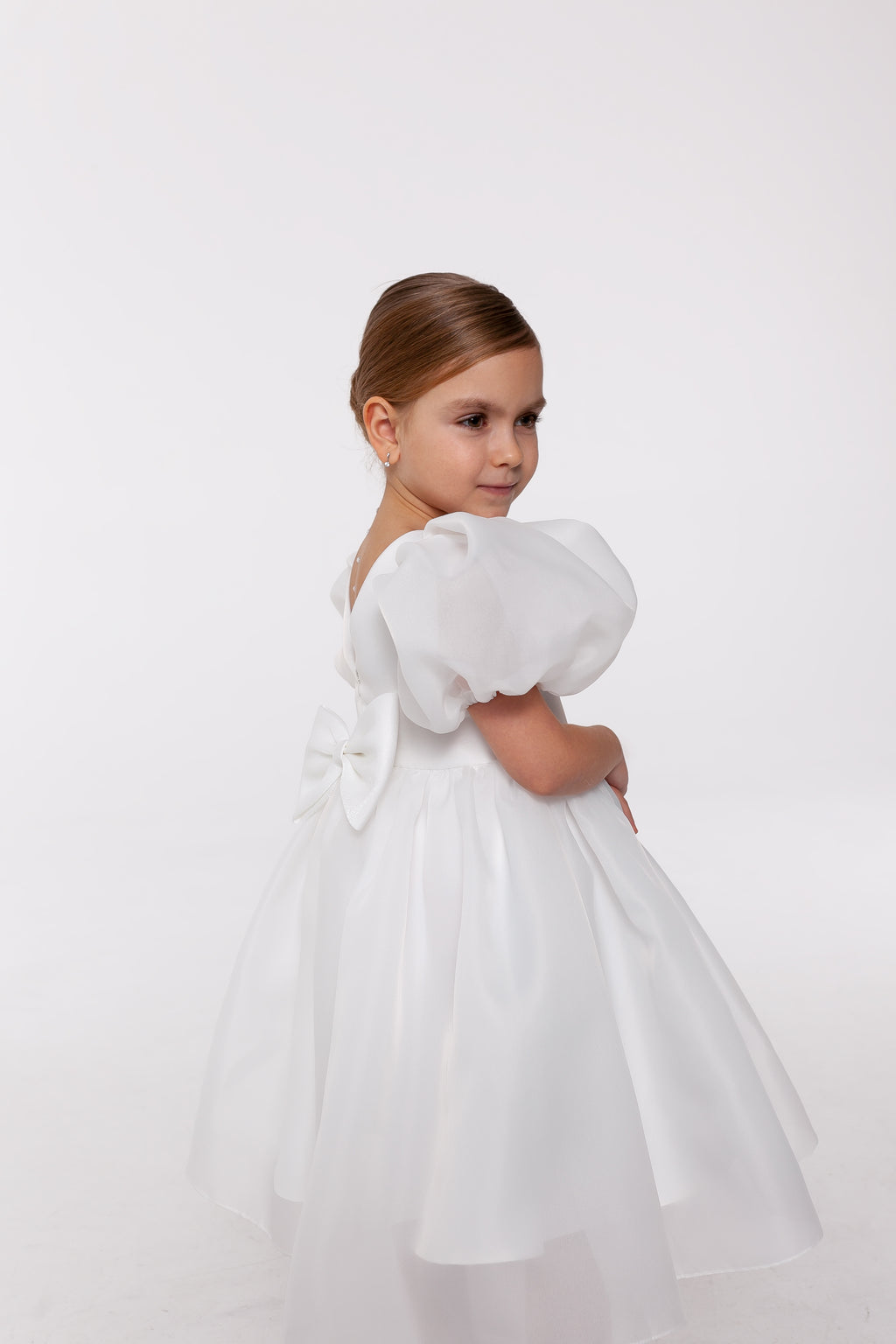 Elegant Off-White Organza Midi Flower Girl Dress with Puff Sleeves, High Neck Girls Wedding Dress, Baby Girl Formal Dress