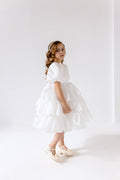 Organza Flower Girl Satin Dress with Bow Back – Elegant High Neck Girls Wedding Dress, Baby Girl Formal Dress
