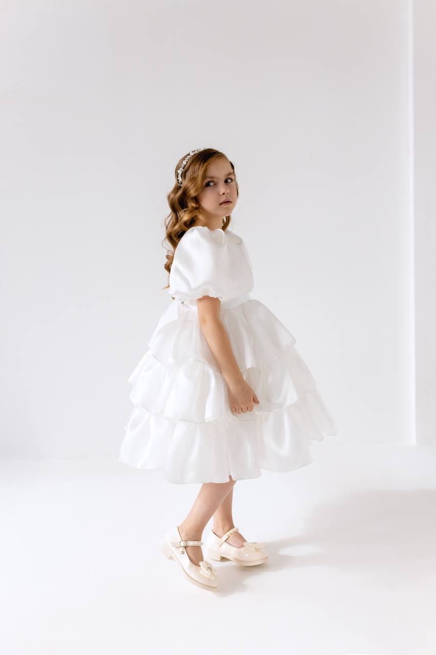 Organza Flower Girl Satin Dress with Bow Back – Elegant High Neck Girls Wedding Dress, Baby Girl Formal Dress