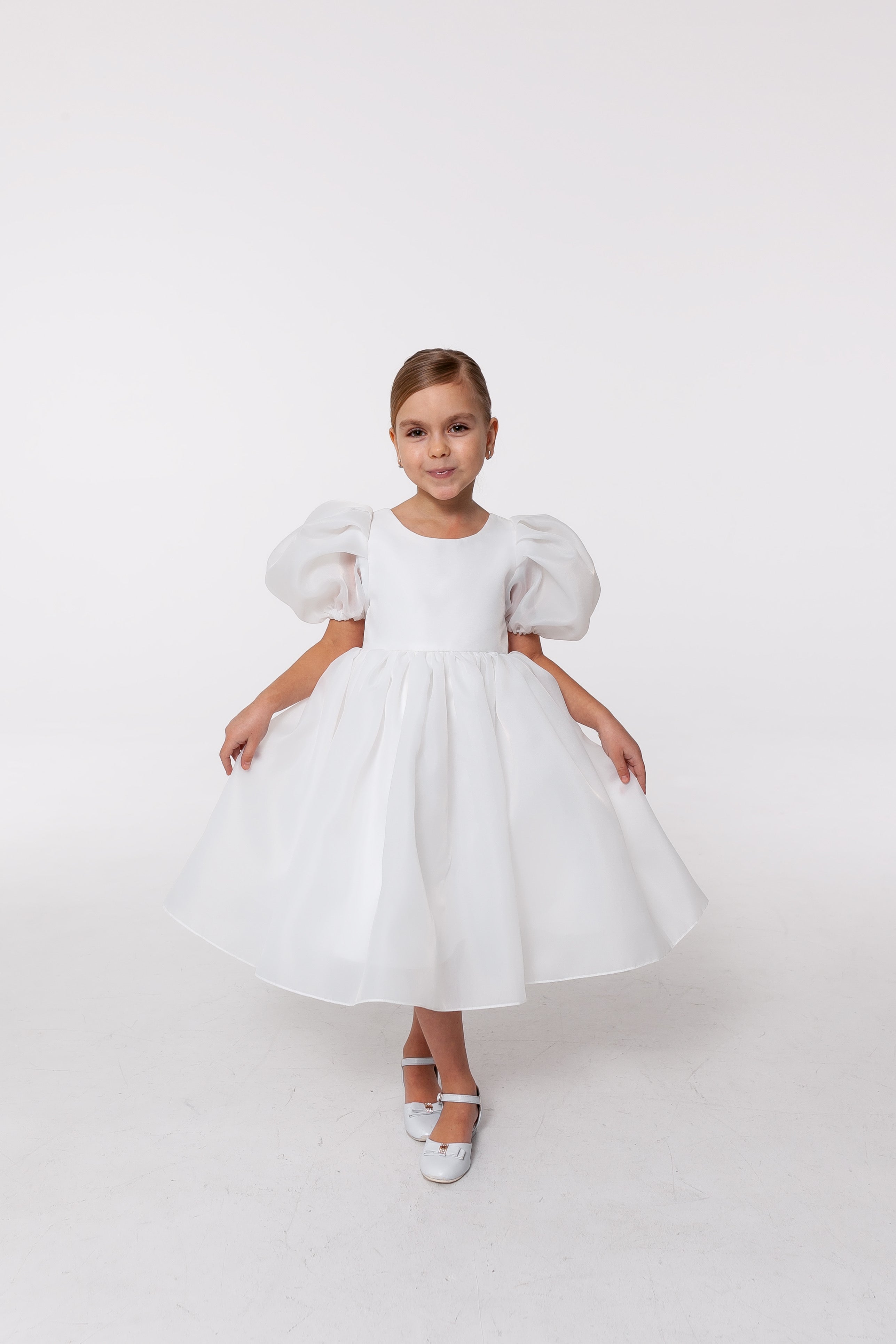 Elegant Off-White Organza Midi Flower Girl Dress with Puff Sleeves, High Neck Girls Wedding Dress, Baby Girl Formal Dress