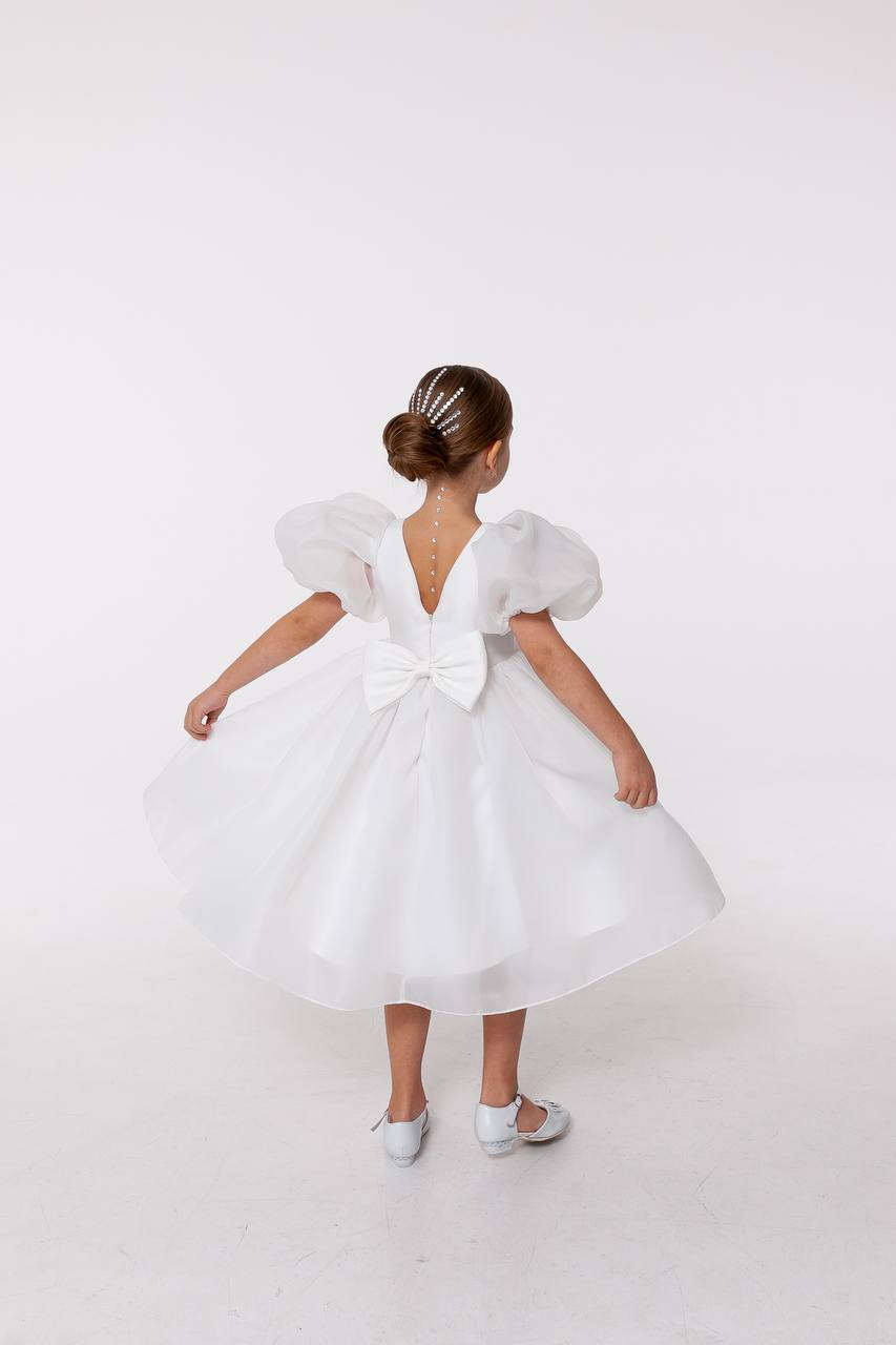 Elegant Off-White Organza Midi Flower Girl Dress with Puff Sleeves, High Neck Girls Wedding Dress, Baby Girl Formal Dress