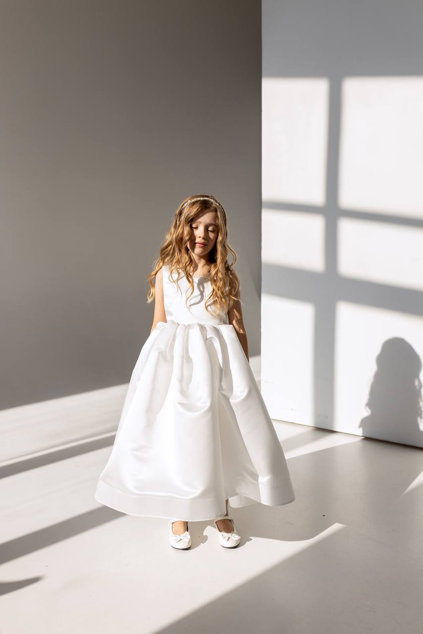 Satin Flower Girl Satin Dress with Bow Back – Elegant High Neck Girls Wedding Dress, Baby Girl Formal Dress