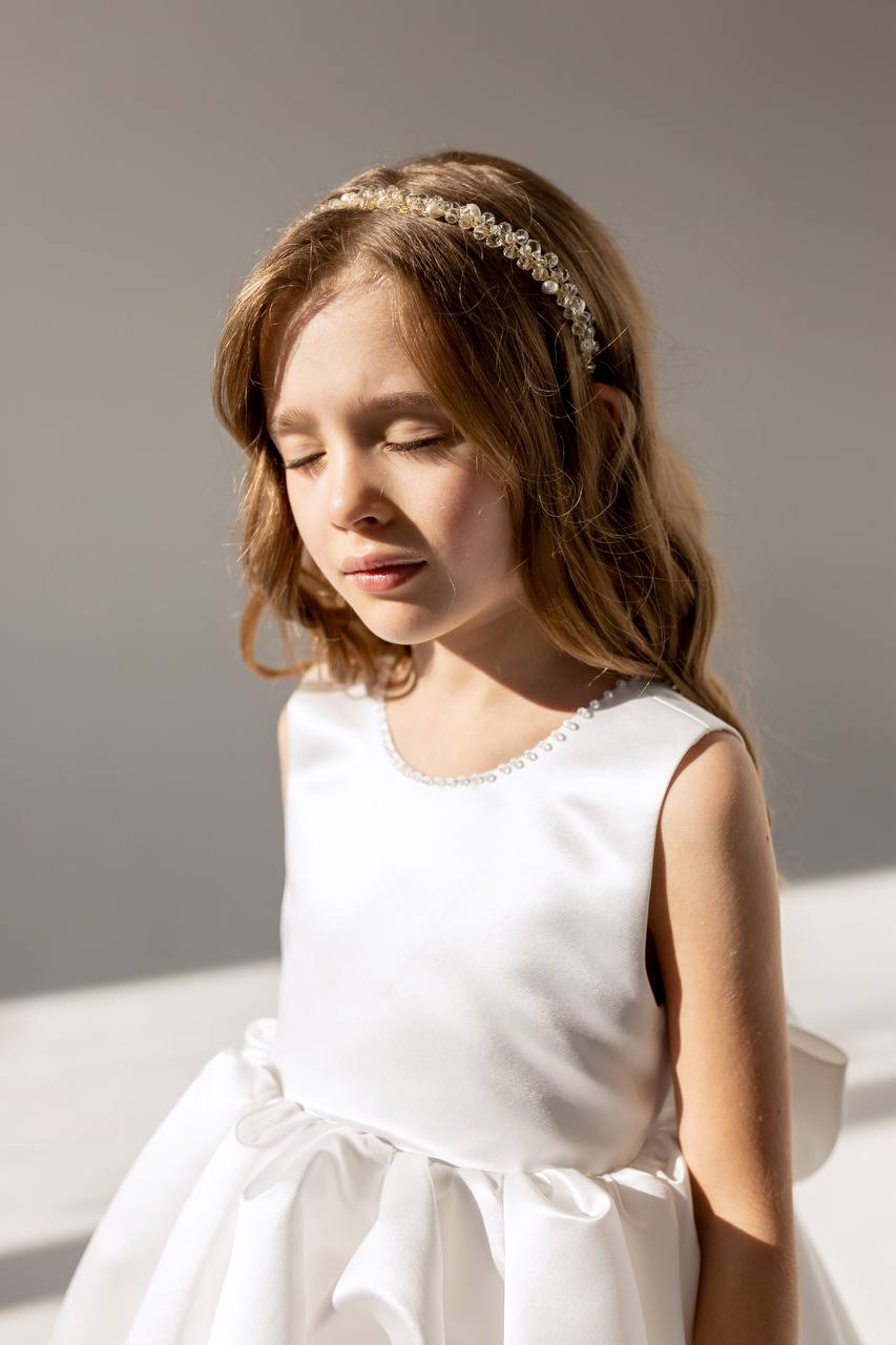 Satin Flower Girl Satin Dress with Bow Back – Elegant High Neck Girls Wedding Dress, Baby Girl Formal Dress