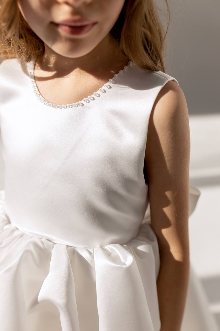 Satin Flower Girl Satin Dress with Bow Back – Elegant High Neck Girls Wedding Dress, Baby Girl Formal Dress
