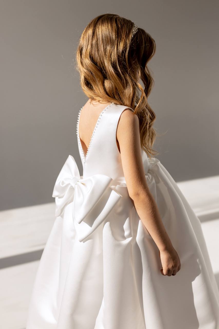 Satin Flower Girl Satin Dress with Bow Back – Elegant High Neck Girls Wedding Dress, Baby Girl Formal Dress