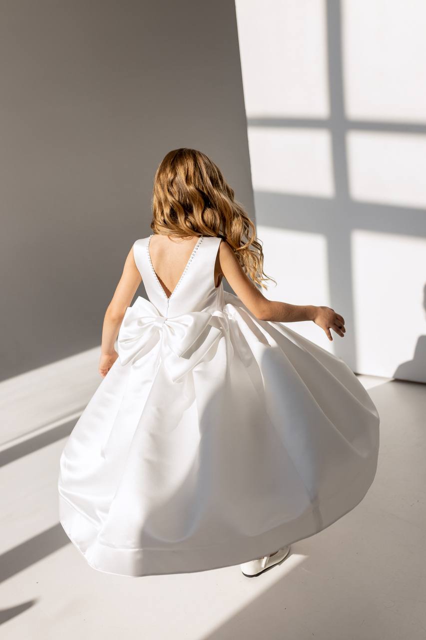 Satin Flower Girl Satin Dress with Bow Back – Elegant High Neck Girls Wedding Dress, Baby Girl Formal Dress