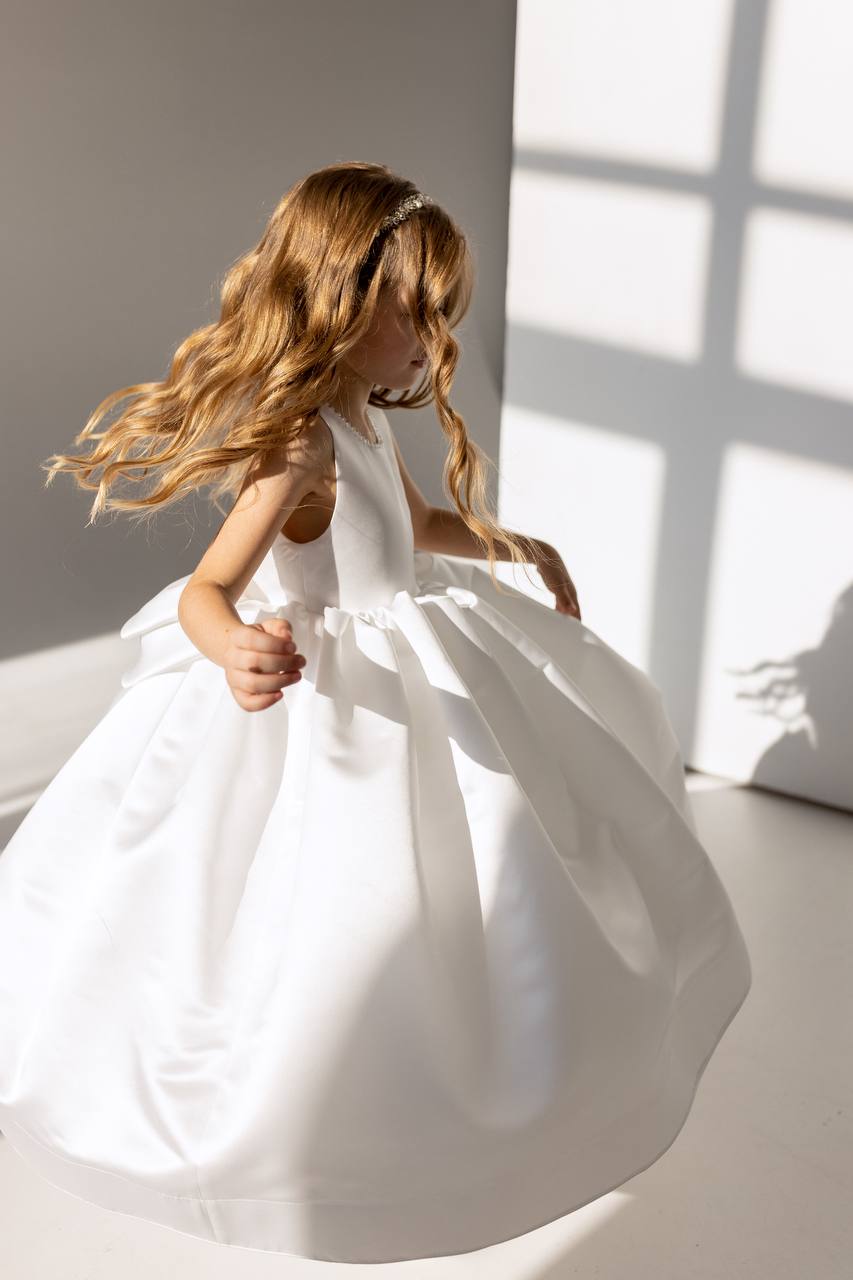 Satin Flower Girl Satin Dress with Bow Back – Elegant High Neck Girls Wedding Dress, Baby Girl Formal Dress