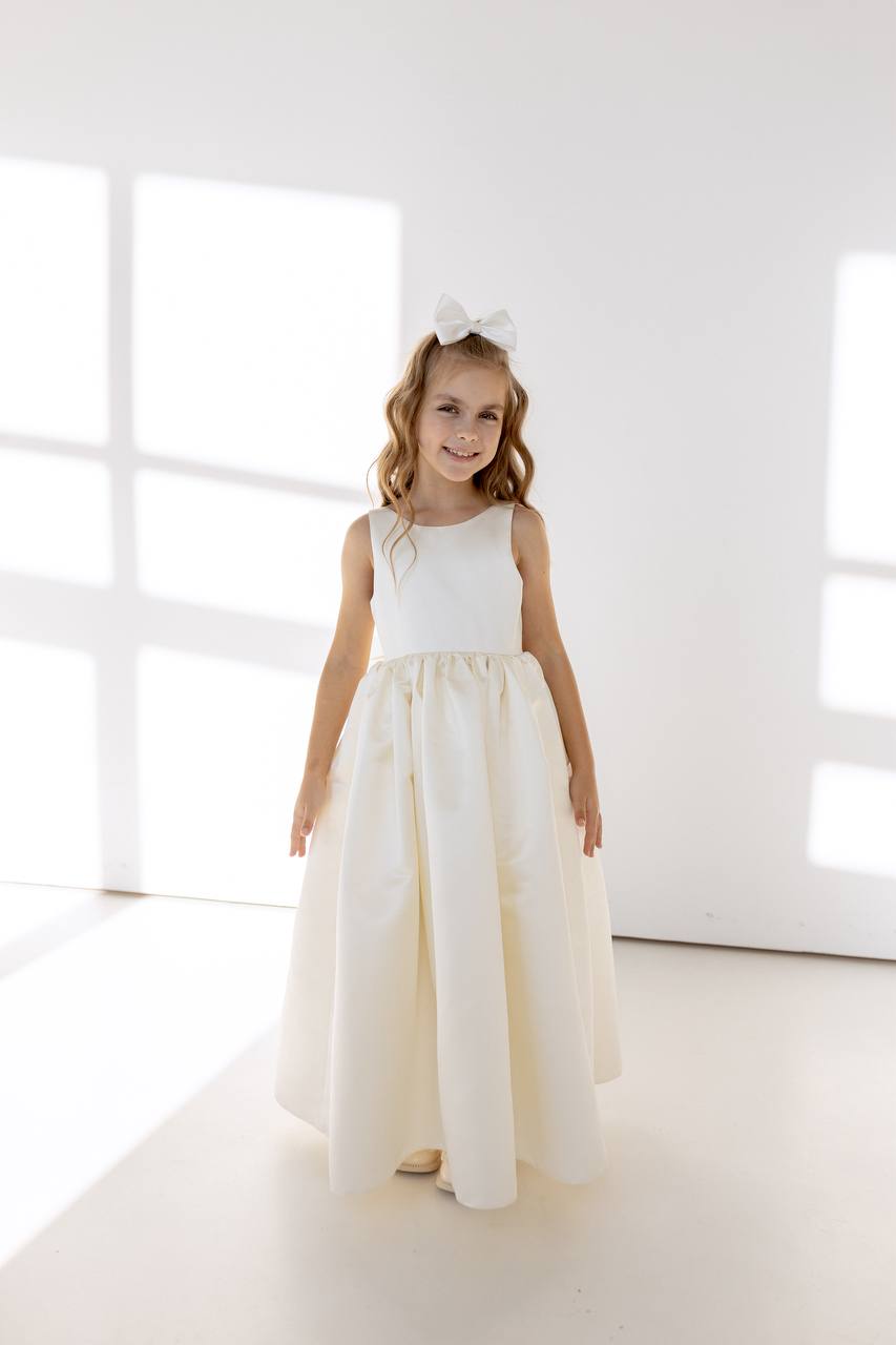 Satin Flower Girl Satin Dress with Bow Back – Elegant High Neck Girls Wedding Dress, Baby Girl Formal Dress