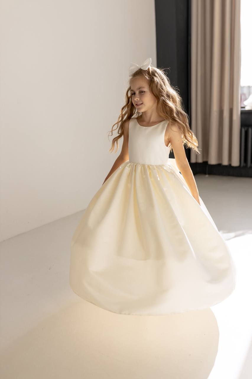 Satin Flower Girl Satin Dress with Bow Back – Elegant High Neck Girls Wedding Dress, Baby Girl Formal Dress