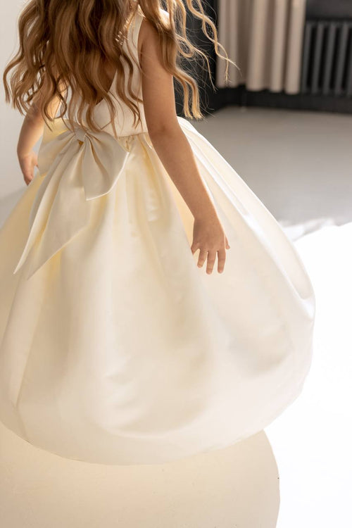 Classic Ivory Satin High-Neck Flower Girl Dress with Statement Back Bow, Baby Girl Formal Dress