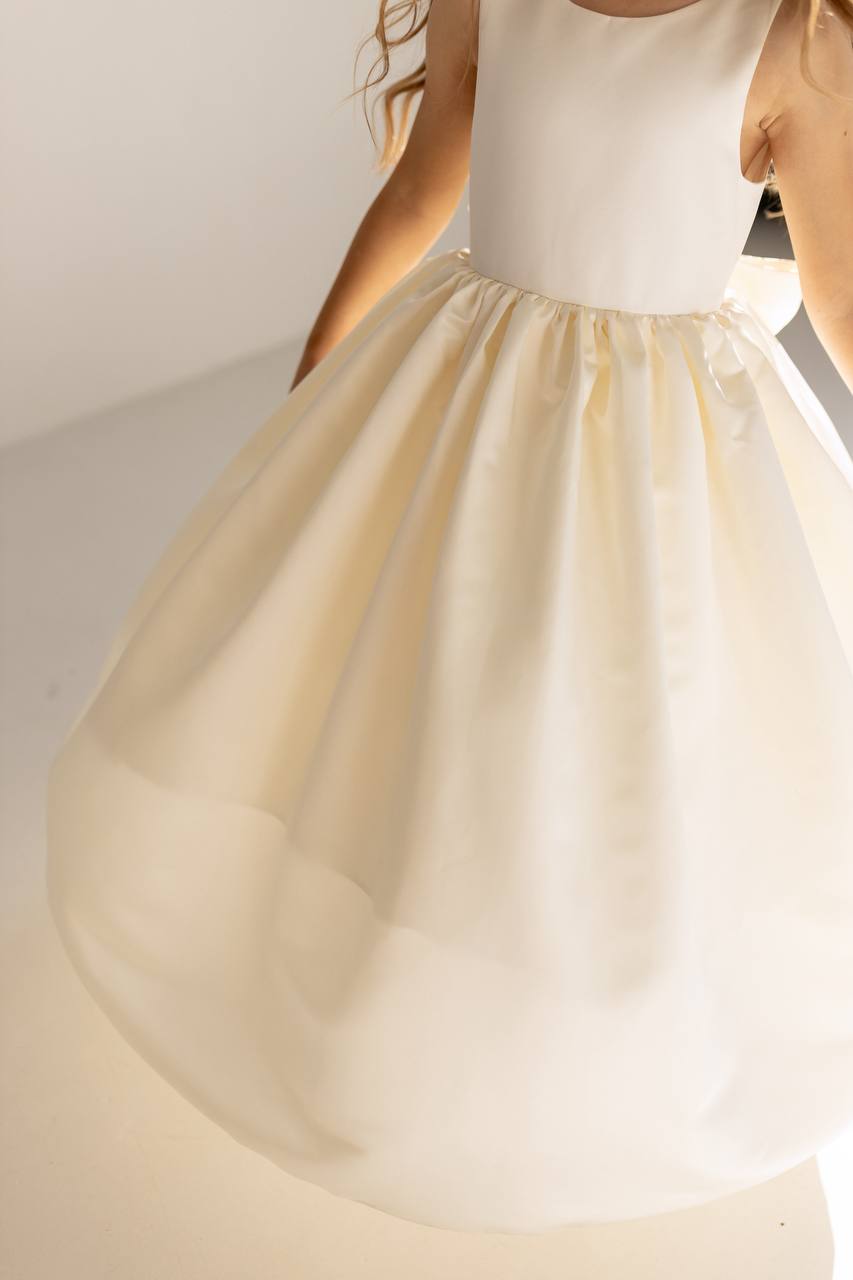 Satin Flower Girl Satin Dress with Bow Back – Elegant High Neck Girls Wedding Dress, Baby Girl Formal Dress