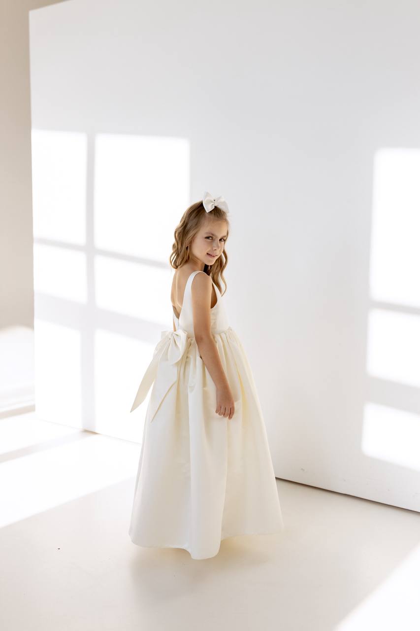 Satin Flower Girl Satin Dress with Bow Back – Elegant High Neck Girls Wedding Dress, Baby Girl Formal Dress