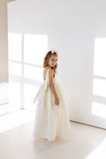 Satin Flower Girl Satin Dress with Bow Back – Elegant High Neck Girls Wedding Dress, Baby Girl Formal Dress