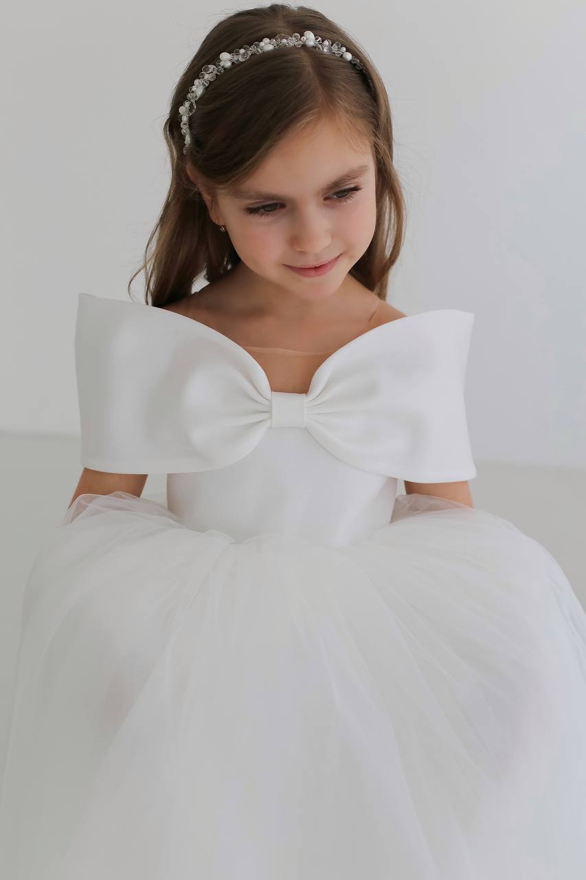 Off-Shoulder Bow Flower Girl Dress – Satin & Tulle Baby Girl Wedding Dress, Elegant Girls Party Dress
