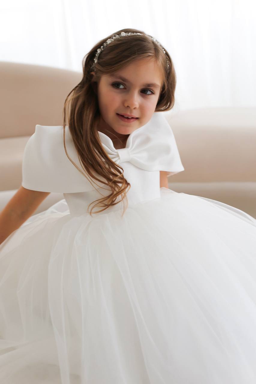 Off-Shoulder Bow Flower Girl Dress – Satin & Tulle Baby Girl Wedding Dress, Elegant Girls Party Dress