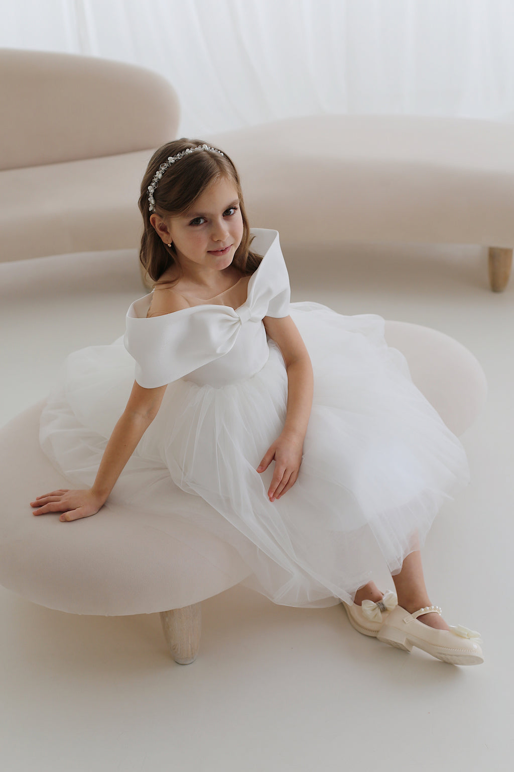 Off-Shoulder Bow Flower Girl Dress – Satin & Tulle Baby Girl Wedding Dress, Elegant Girls Party Dress
