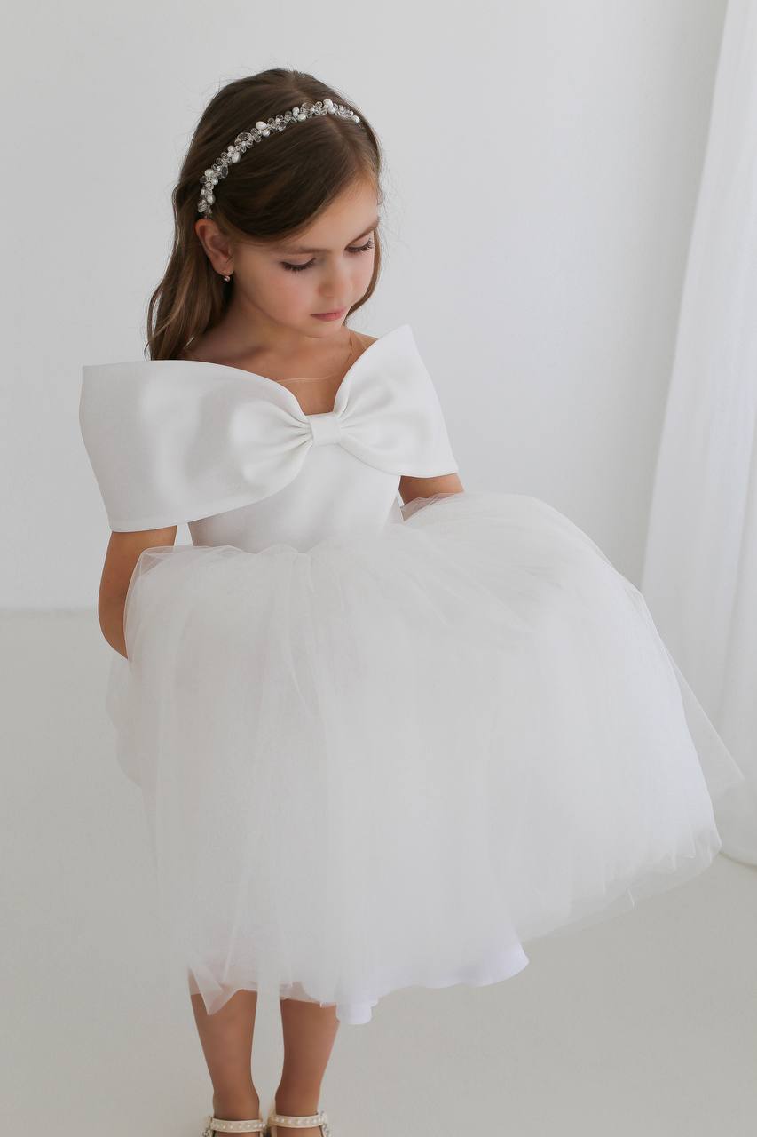 Off-Shoulder Bow Flower Girl Dress – Satin & Tulle Baby Girl Wedding Dress, Elegant Girls Party Dress