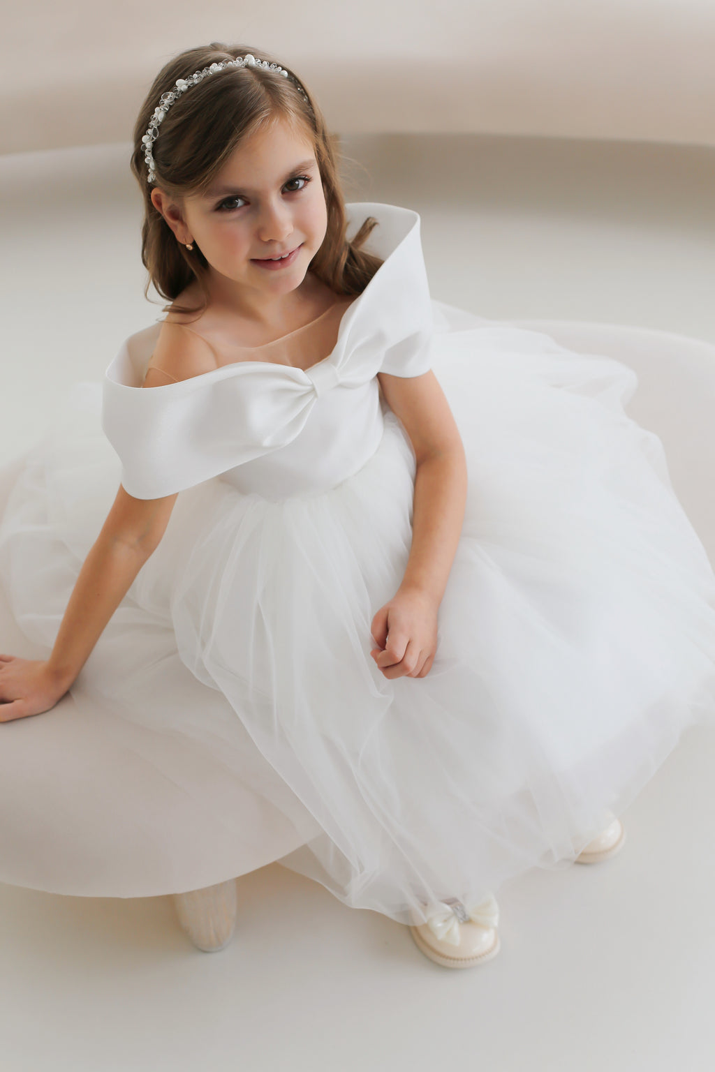 Off-Shoulder Bow Flower Girl Dress – Satin & Tulle Baby Girl Wedding Dress, Elegant Girls Party Dress