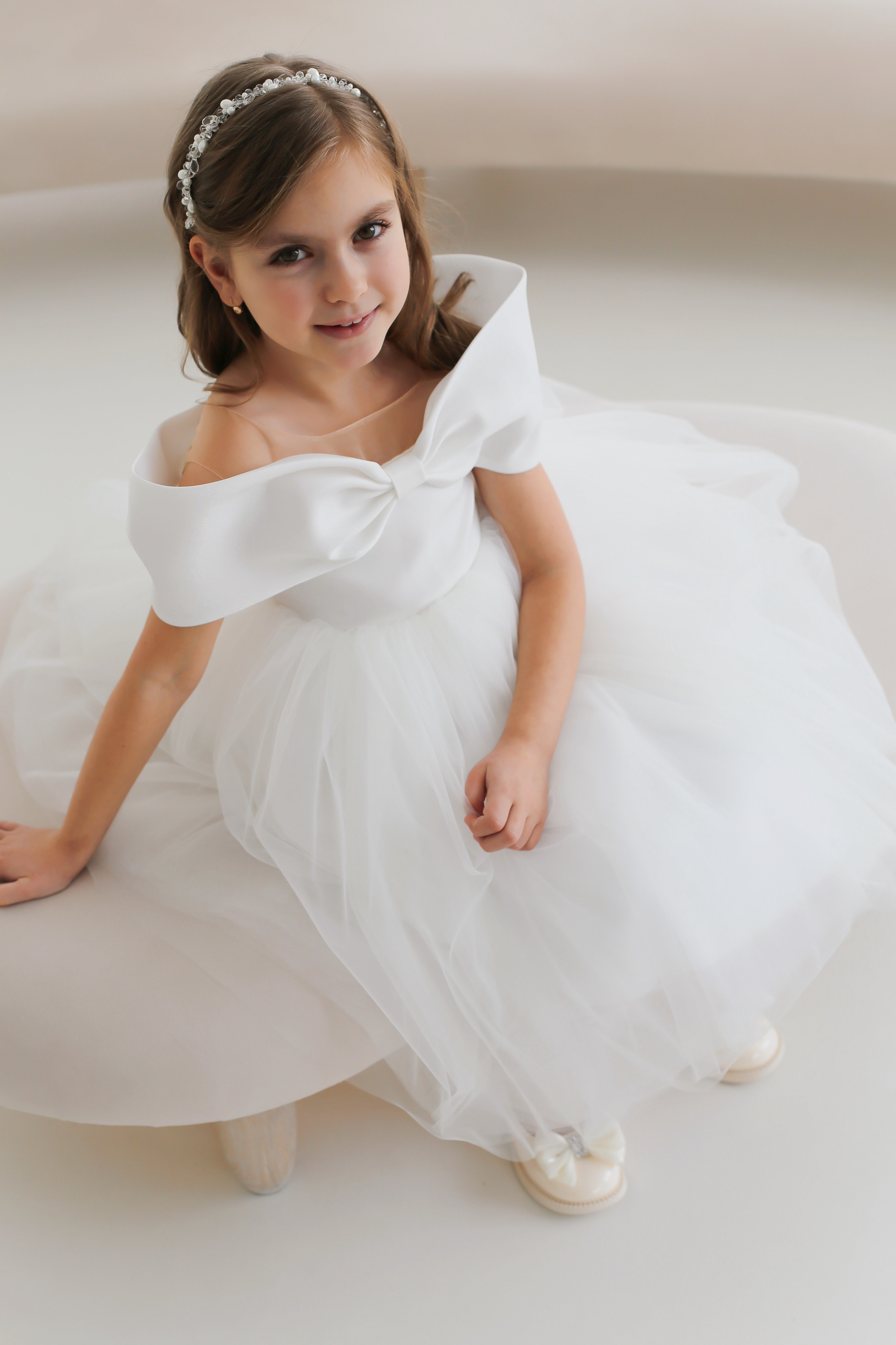 Off-Shoulder Bow Flower Girl Dress – Satin & Tulle Baby Girl Wedding Dress, Elegant Girls Party Dress
