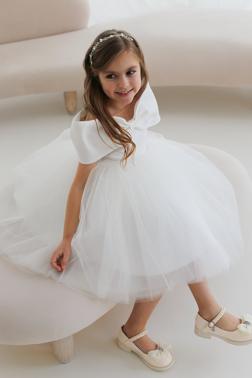 Off-Shoulder Bow Flower Girl Dress – Satin & Tulle Baby Girl Wedding Dress, Elegant Girls Party Dress
