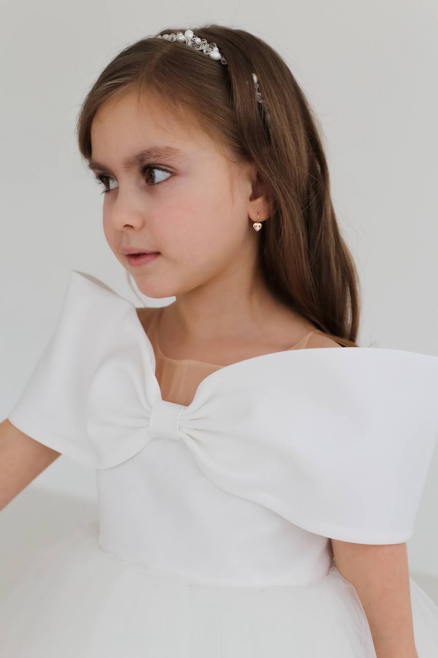 Off-Shoulder Bow Flower Girl Dress – Satin & Tulle Baby Girl Wedding Dress, Elegant Girls Party Dress