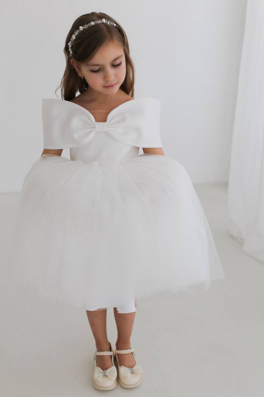 Off-Shoulder Bow Flower Girl Dress – Satin & Tulle Baby Girl Wedding Dress, Elegant Girls Party Dress
