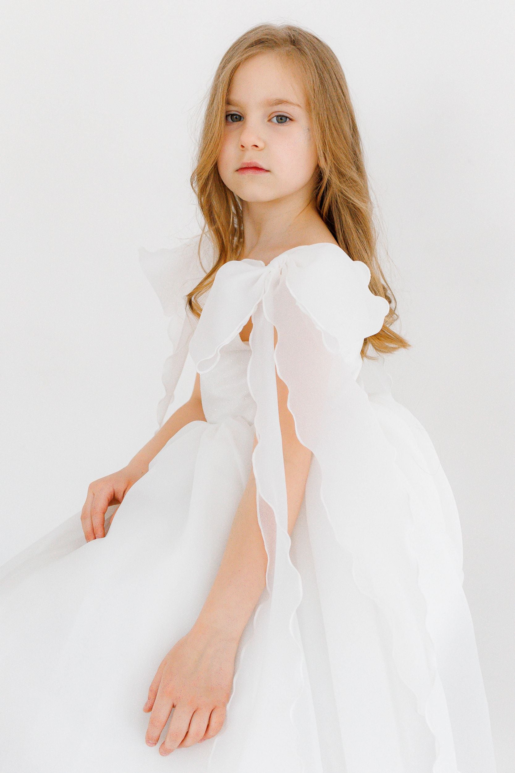 Off-white Organza Flower Girl Dress with High Neck & Bow Straps, Cotton Lined Special Occasion Baby Outfit