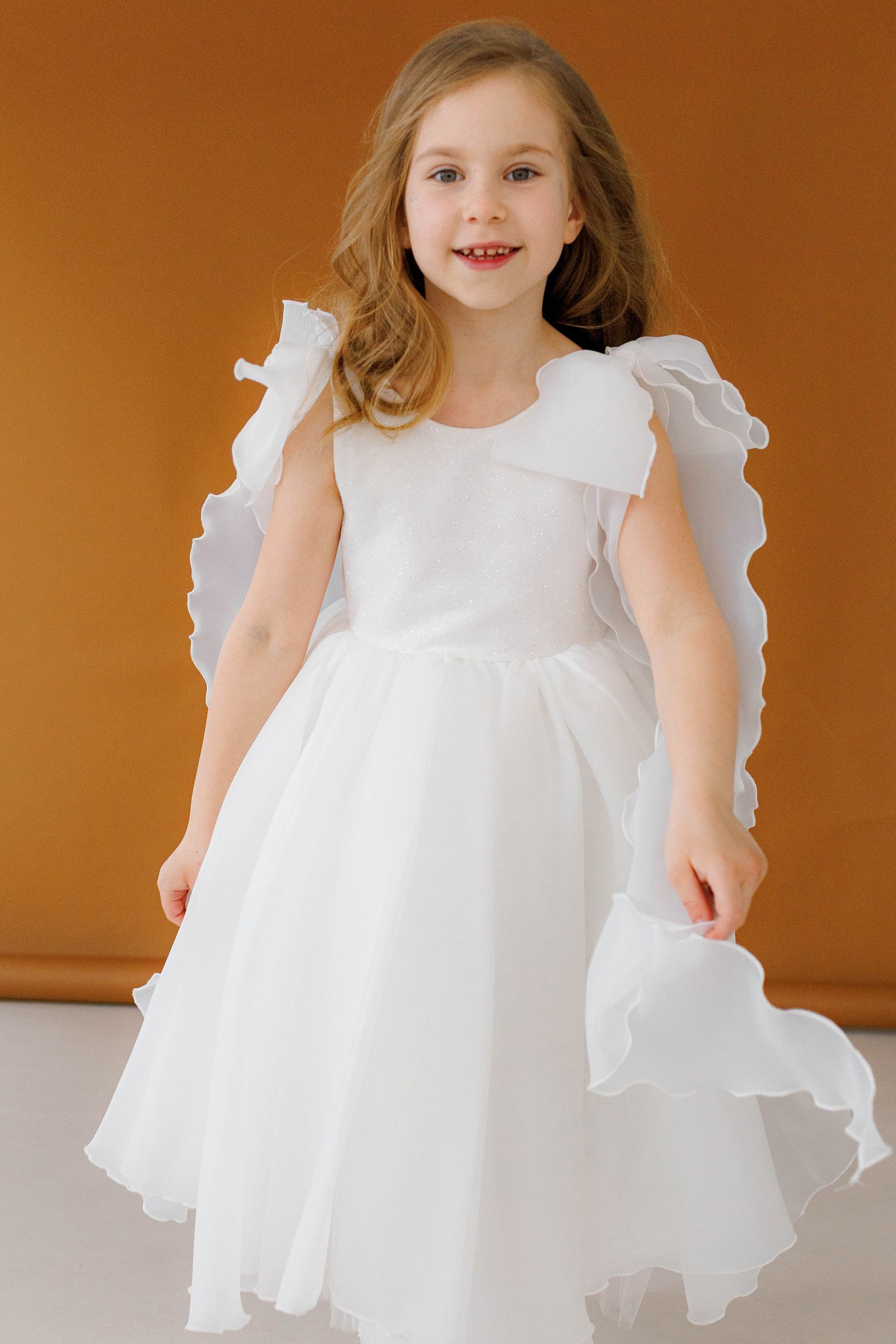 Off-white Organza Flower Girl Dress with High Neck & Bow Straps, Cotton Lined Special Occasion Baby Outfit