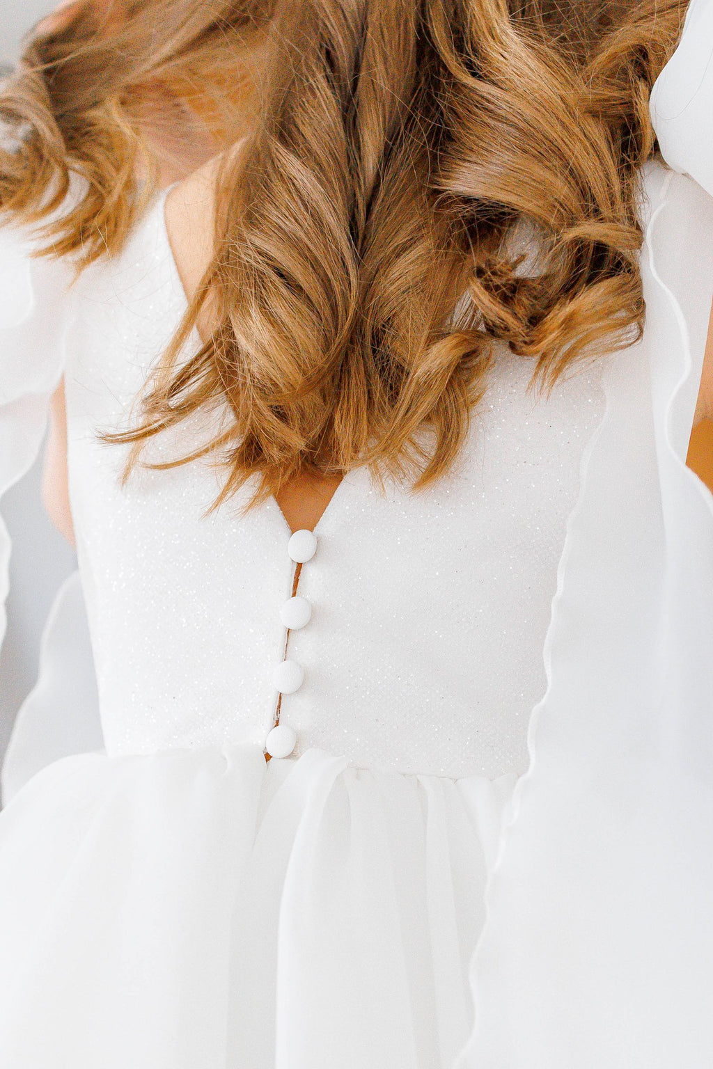 Off-white Organza Flower Girl Dress with High Neck & Bow Straps, Cotton Lined Special Occasion Baby Outfit