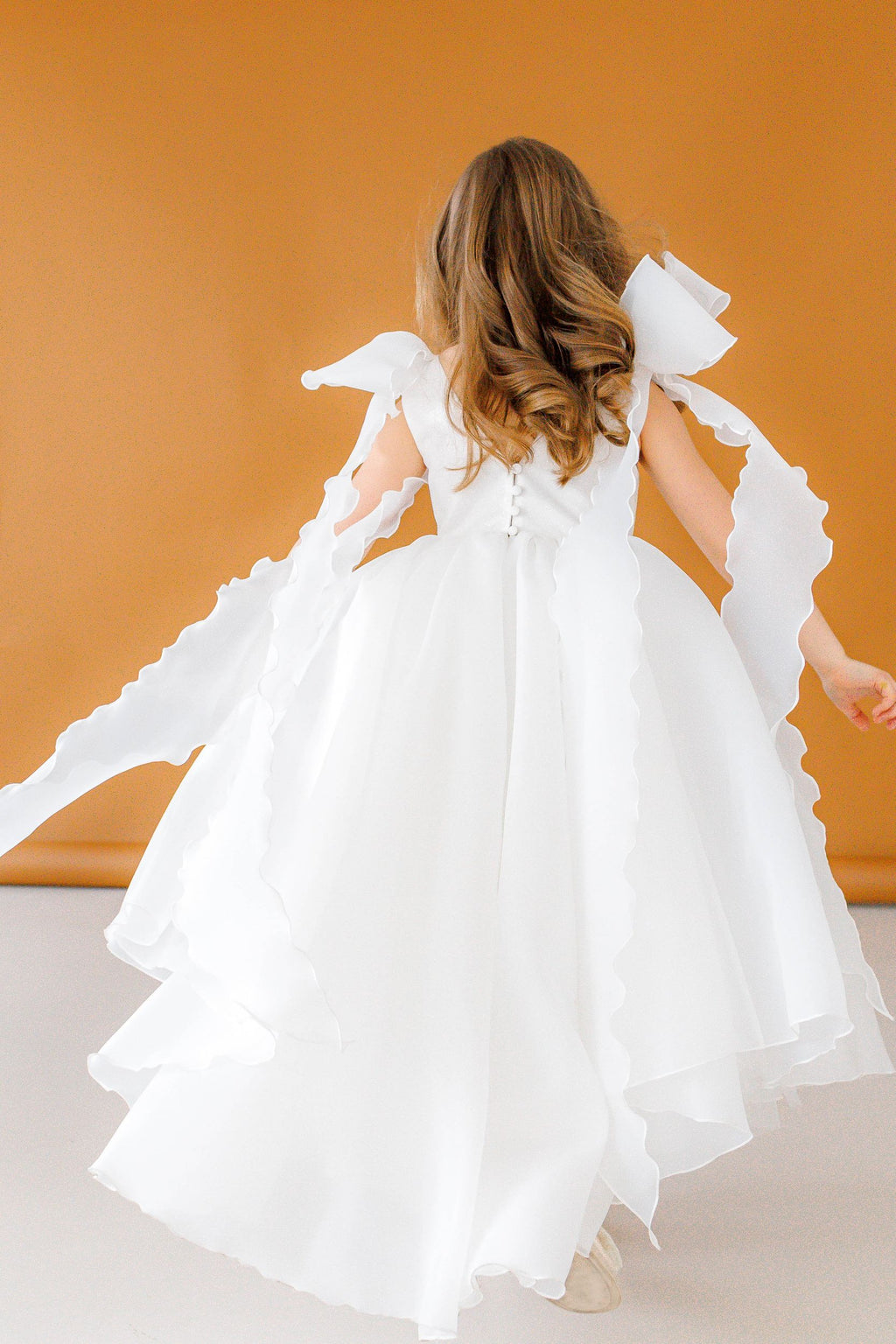 Off-white Organza Flower Girl Dress with High Neck & Bow Straps, Cotton Lined Special Occasion Baby Outfit
