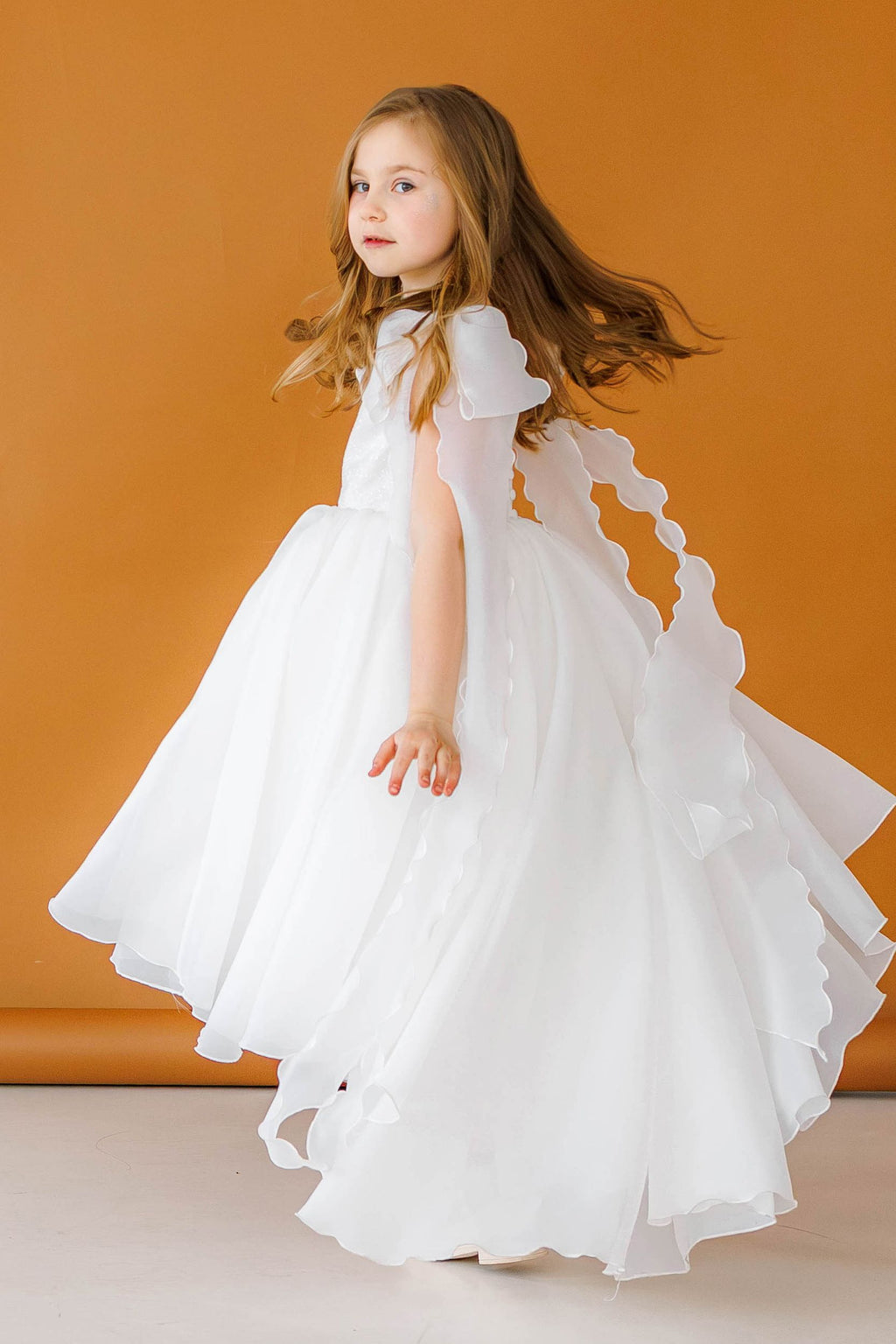 Off-white Organza Flower Girl Dress with High Neck & Bow Straps, Cotton Lined Special Occasion Baby Outfit