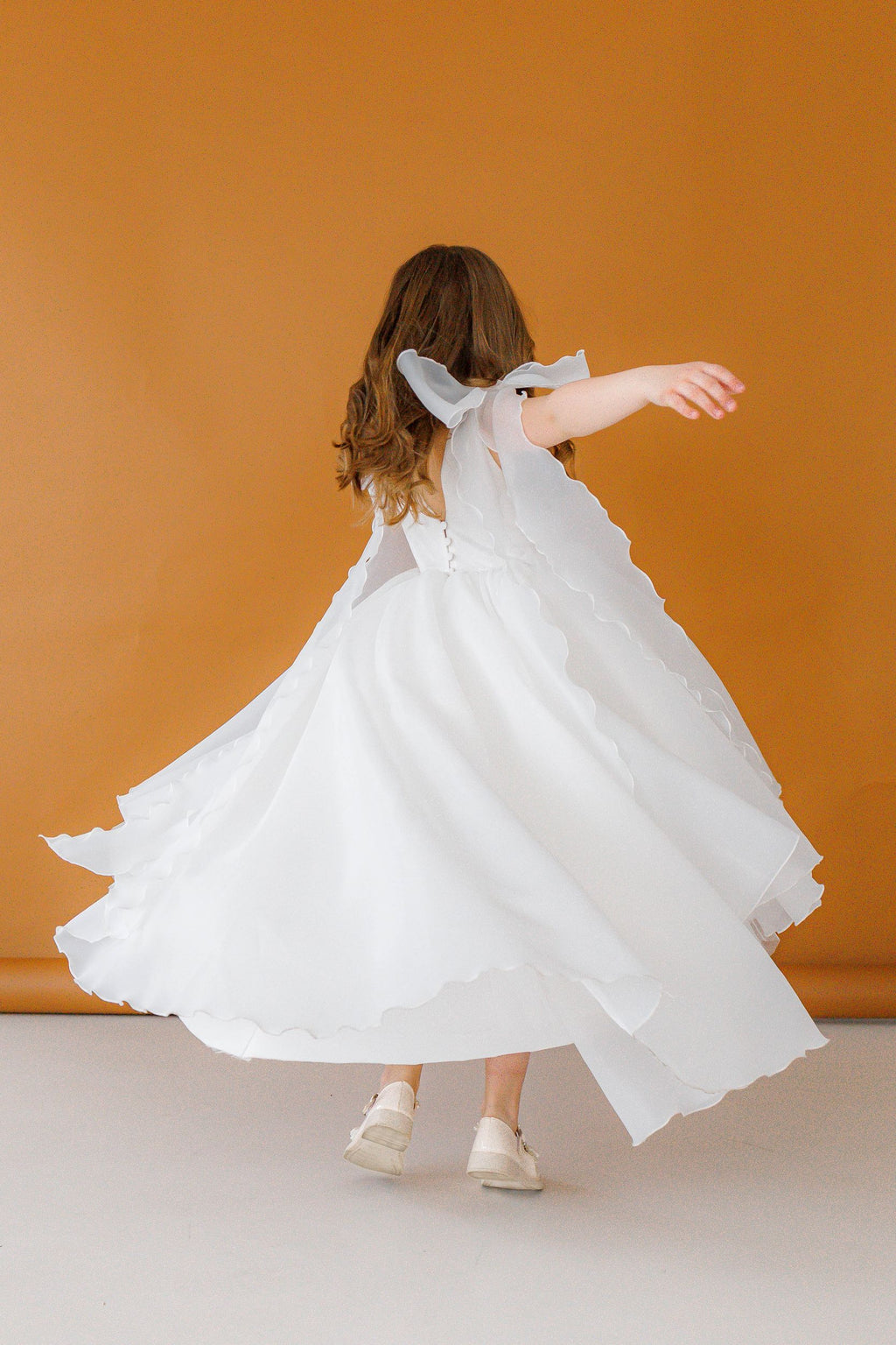 Off-white Organza Flower Girl Dress with High Neck & Bow Straps, Cotton Lined Special Occasion Baby Outfit