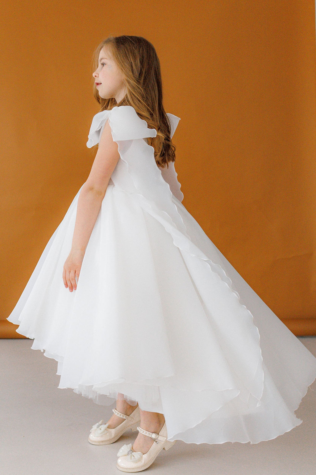Off-white Organza Flower Girl Dress with High Neck & Bow Straps, Cotton Lined Special Occasion Baby Outfit