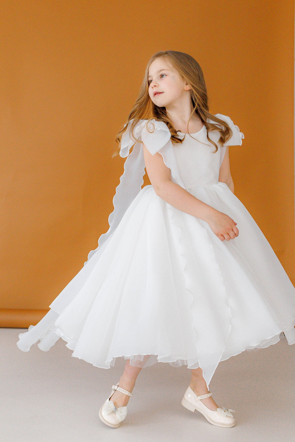 Off-white Organza Flower Girl Dress with High Neck & Bow Straps, Cotton Lined Special Occasion Baby Outfit