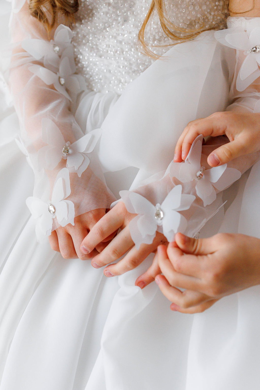 Off-white Pearl Bodice Organza Flower Girl Dress with Removable Butterfly Sleeves, Lined Special Occasion Baby Outfit
