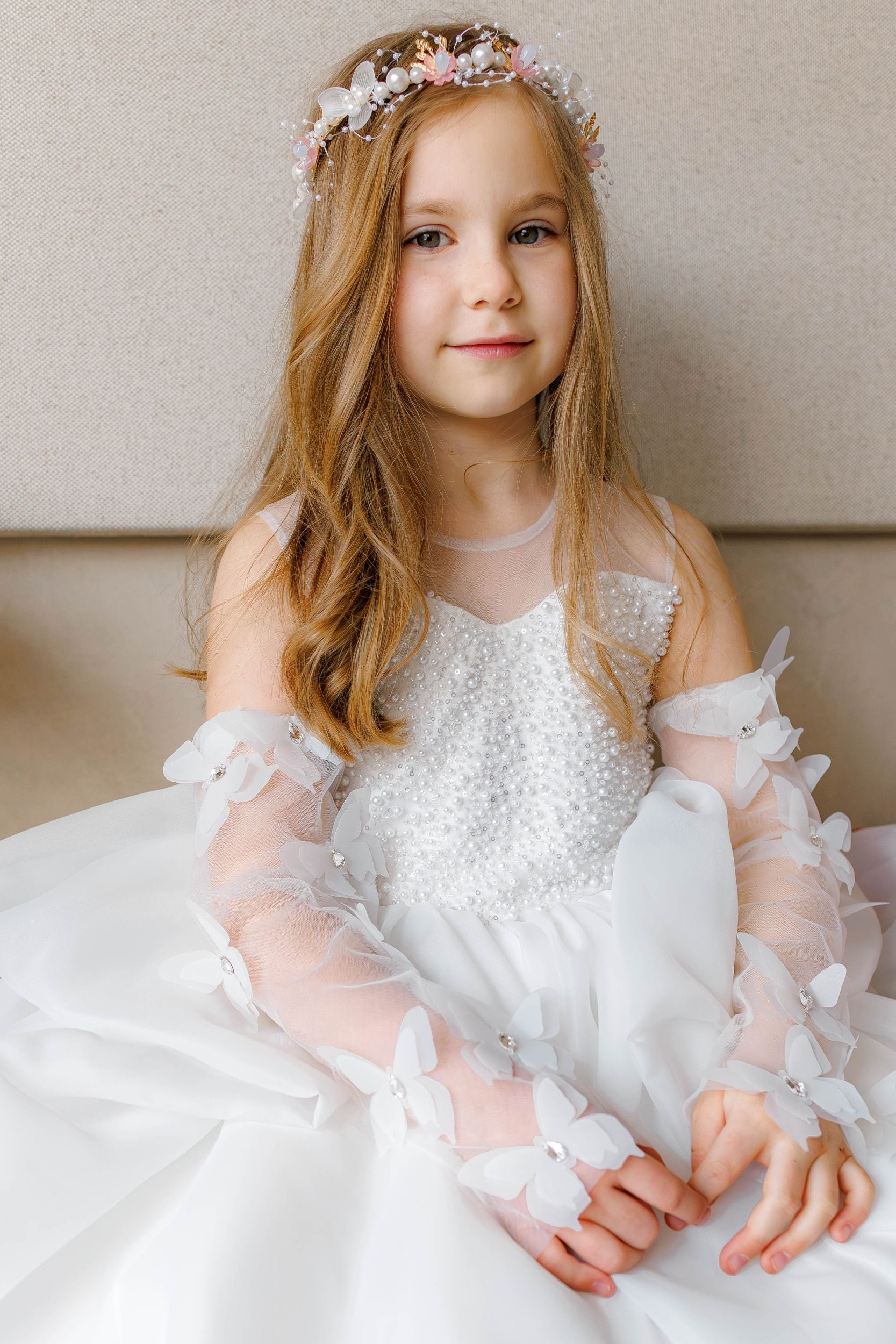 Off-white Pearl Bodice Organza Flower Girl Dress with Removable Butterfly Sleeves, Lined Special Occasion Baby Outfit