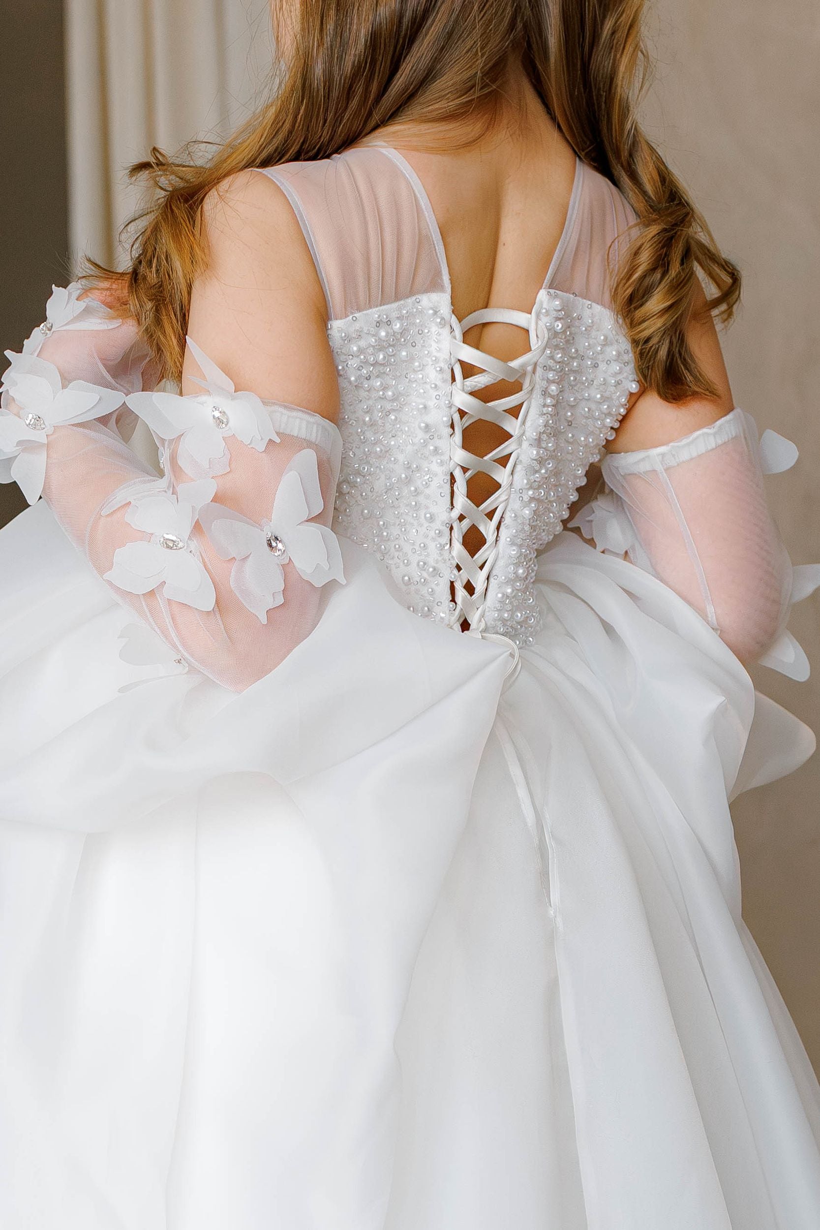 Off-white Pearl Bodice Organza Flower Girl Dress with Removable Butterfly Sleeves, Lined Special Occasion Baby Outfit
