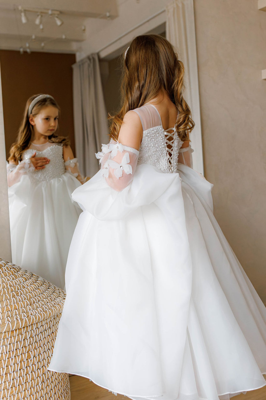 Off-white Pearl Bodice Organza Flower Girl Dress with Removable Butterfly Sleeves, Lined Special Occasion Baby Outfit