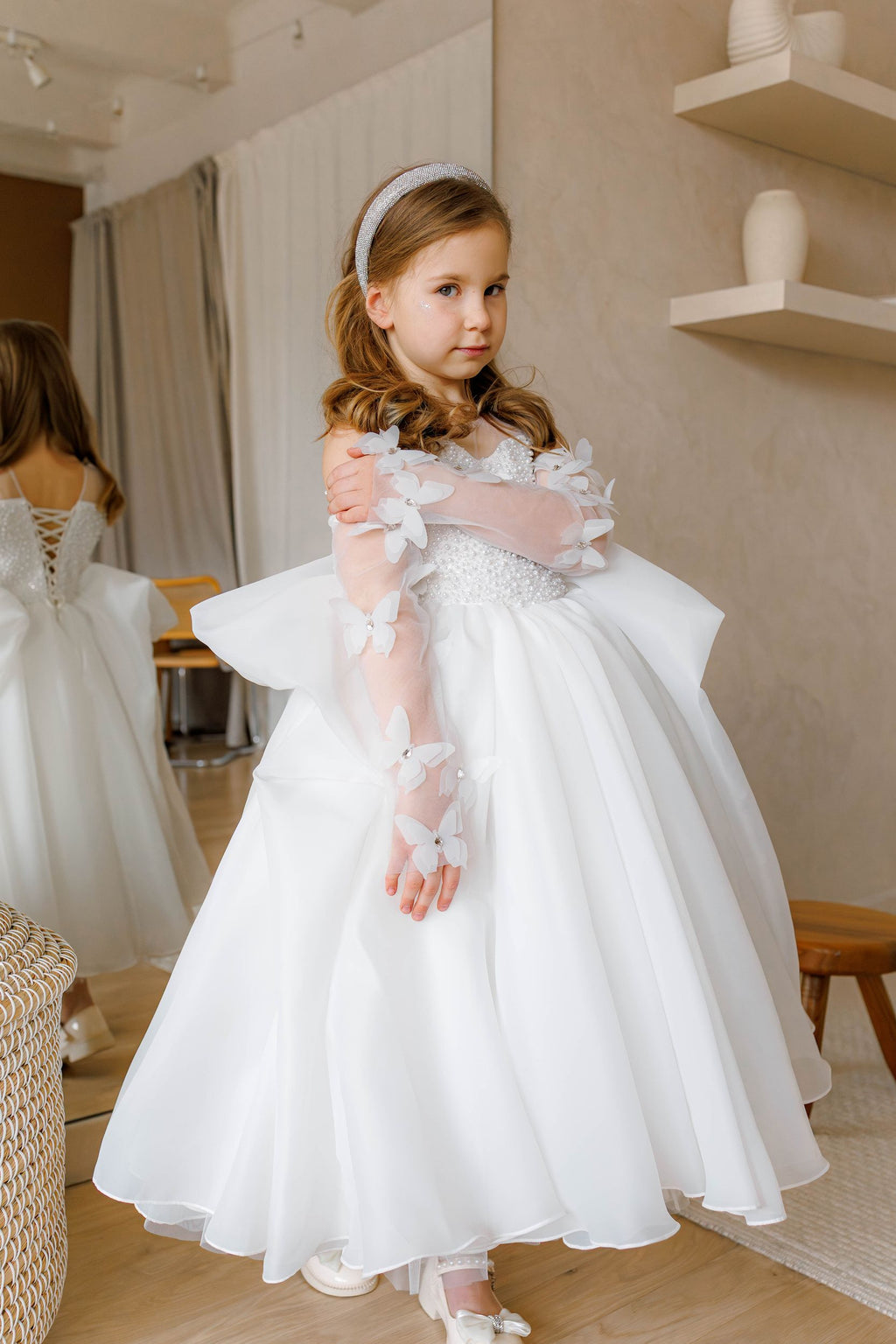 Off-white Pearl Bodice Organza Flower Girl Dress with Removable Butterfly Sleeves, Lined Special Occasion Baby Outfit