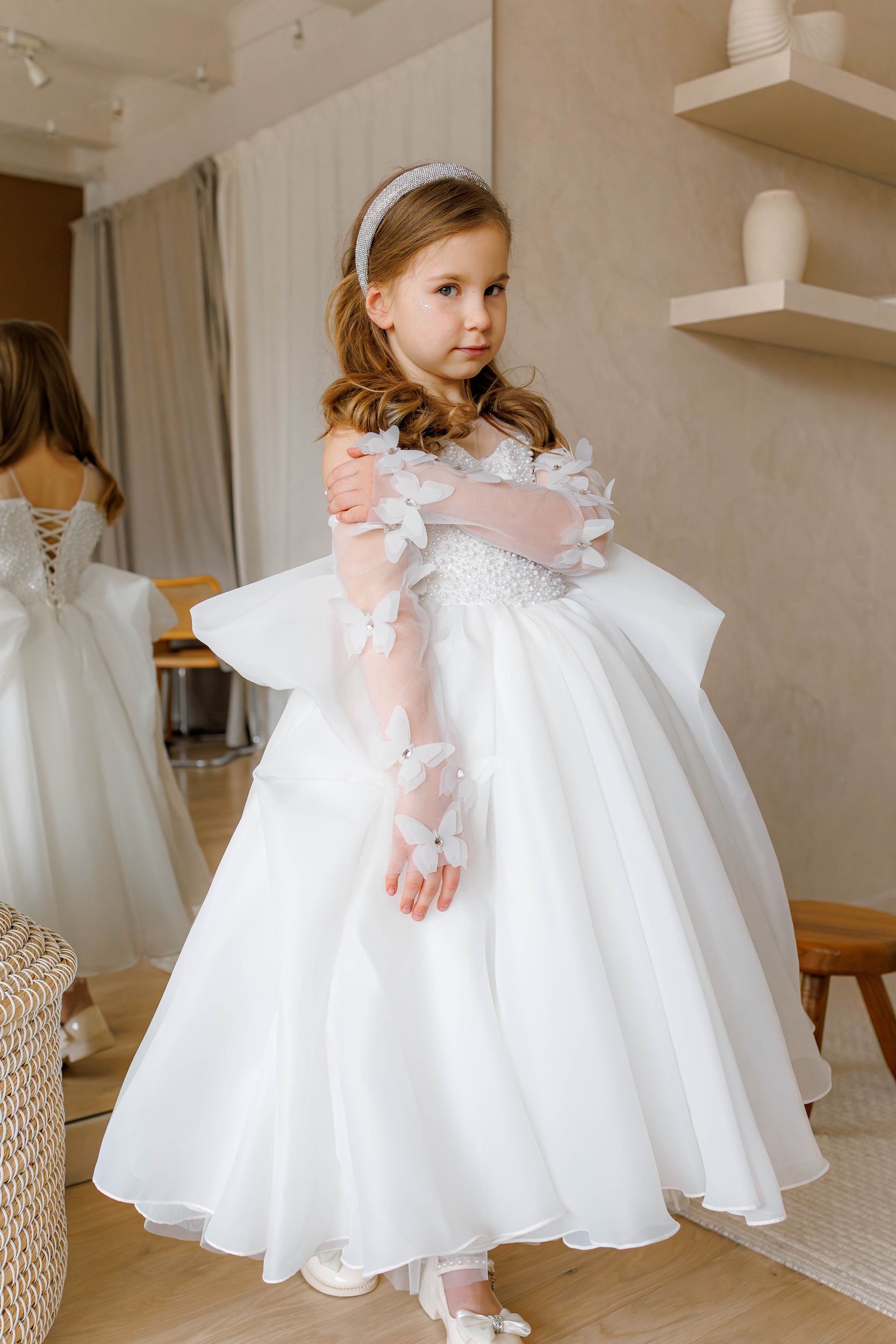 Off-white Pearl Bodice Organza Flower Girl Dress with Removable Butterfly Sleeves, Lined Special Occasion Baby Outfit