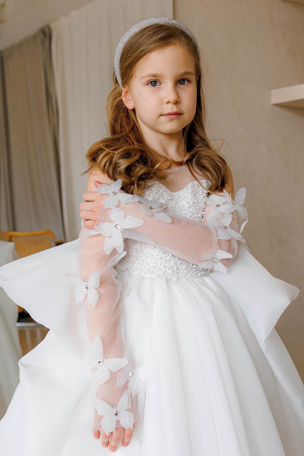 Off-white Pearl Bodice Organza Flower Girl Dress with Removable Butterfly Sleeves, Lined Special Occasion Baby Outfit