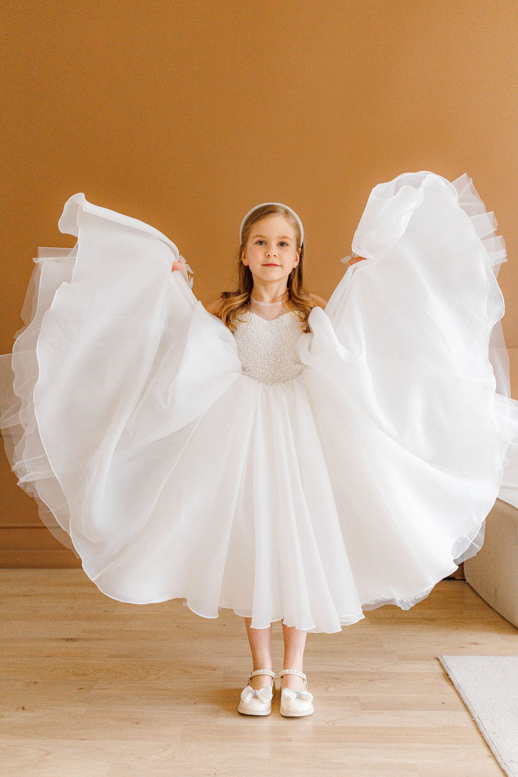 Off-white Pearl Bodice Organza Flower Girl Dress with Removable Butterfly Sleeves, Lined Special Occasion Baby Outfit