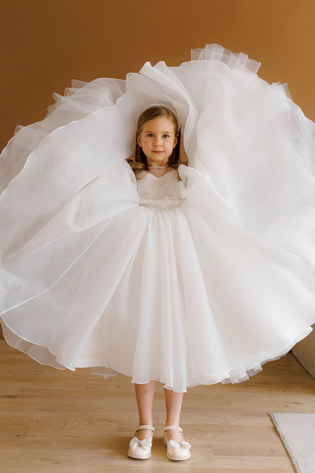 Off-white Pearl Bodice Organza Flower Girl Dress with Removable Butterfly Sleeves, Lined Special Occasion Baby Outfit